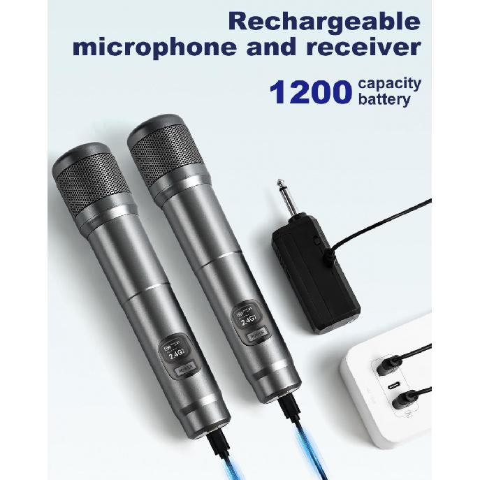 Wireless Microphone, Dual Handheld Dynamic Microphone with Rechargeable Receiver, 200ft Range, Plug and Play, Karaoke Mic