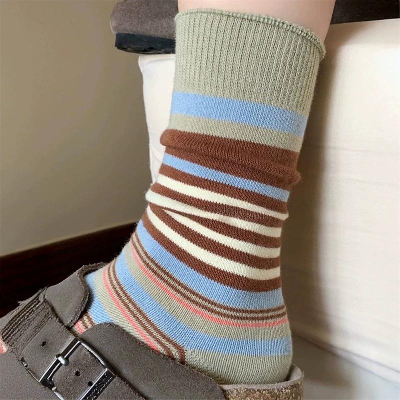 1 Pair/4 Pairs Women's Korean Retro Striped Socks, Mulard Color Blocking Ankle Socks, Breathable Cotton Birkentragen Stacking Socks