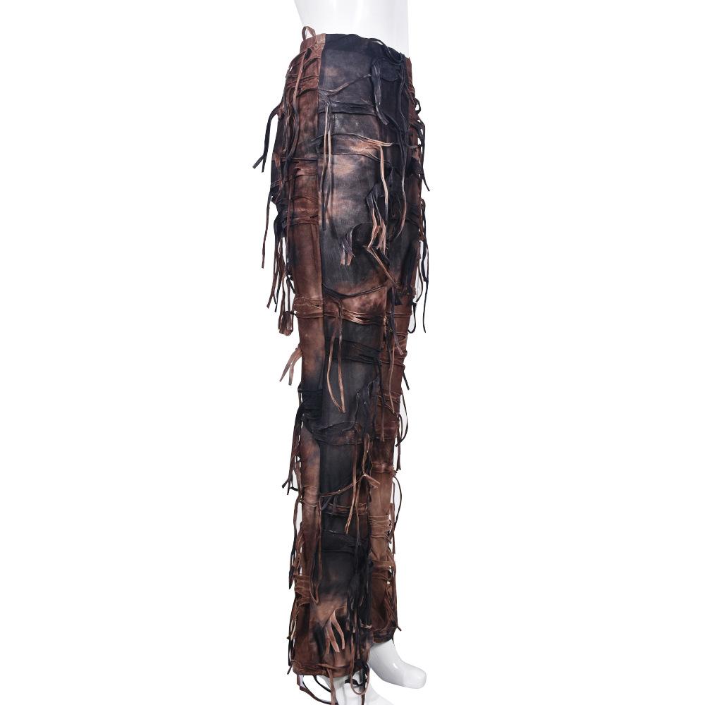 Новые женские джинсы с осенним окрашиванием тай-дай и бахромой, потертый дизайн, бохо, стритвир, повседневные джинсовые брюки с бахромой по низу, художественные мешковатые брюки