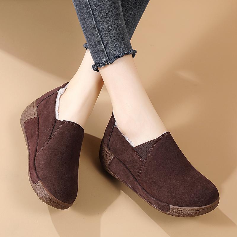 Женские мокасины на платформе Зимние теплые меховые кожаные туфли Женские туфли на толстой подошве Slip on для увеличения роста