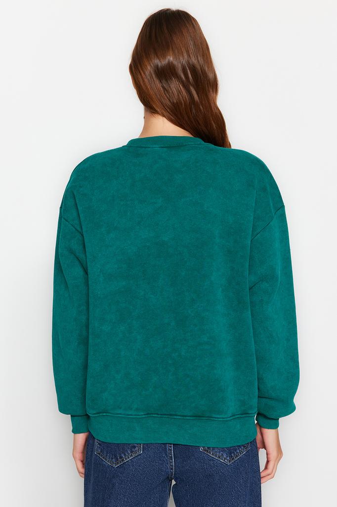 Women's Fashion New Sweatshirt Emerald Green Vintage Faded Effect Thick Inside Fleece Oversize Wide Fit Sweatshirt