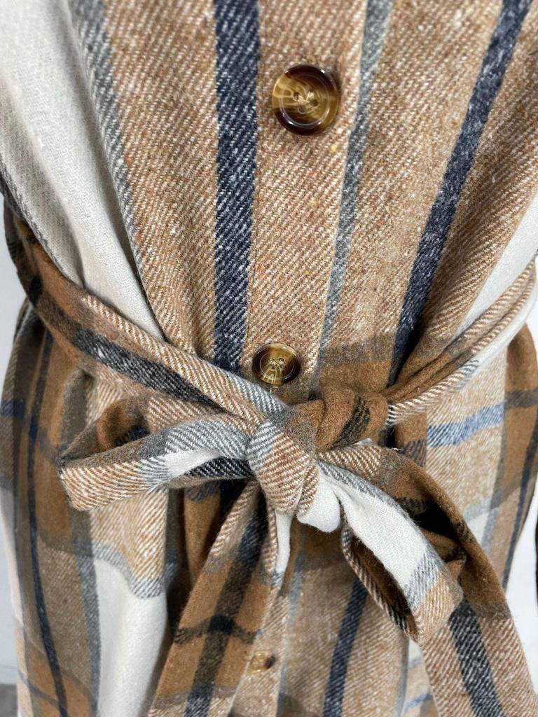 European American Plaid Long-Sleeve Dress with Tie Waist A-Line Skirt for Autumn/Winter Commuting.