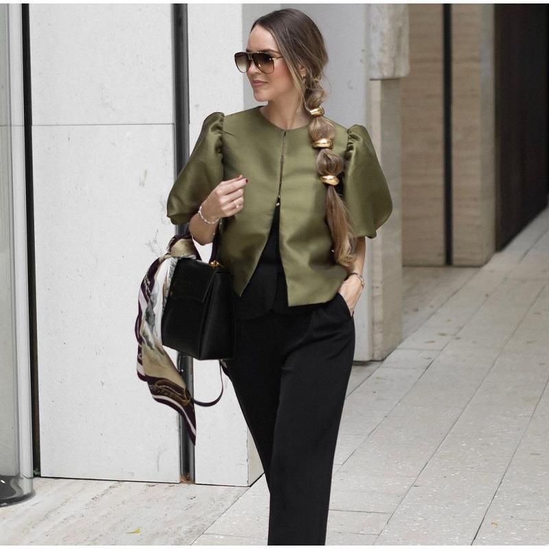 Women's Blouse Top with Puffe Sleeve Solid Satin Shirt New Spring Summer Female Sleeves O Neck Loose Short Shirt Female Blouses