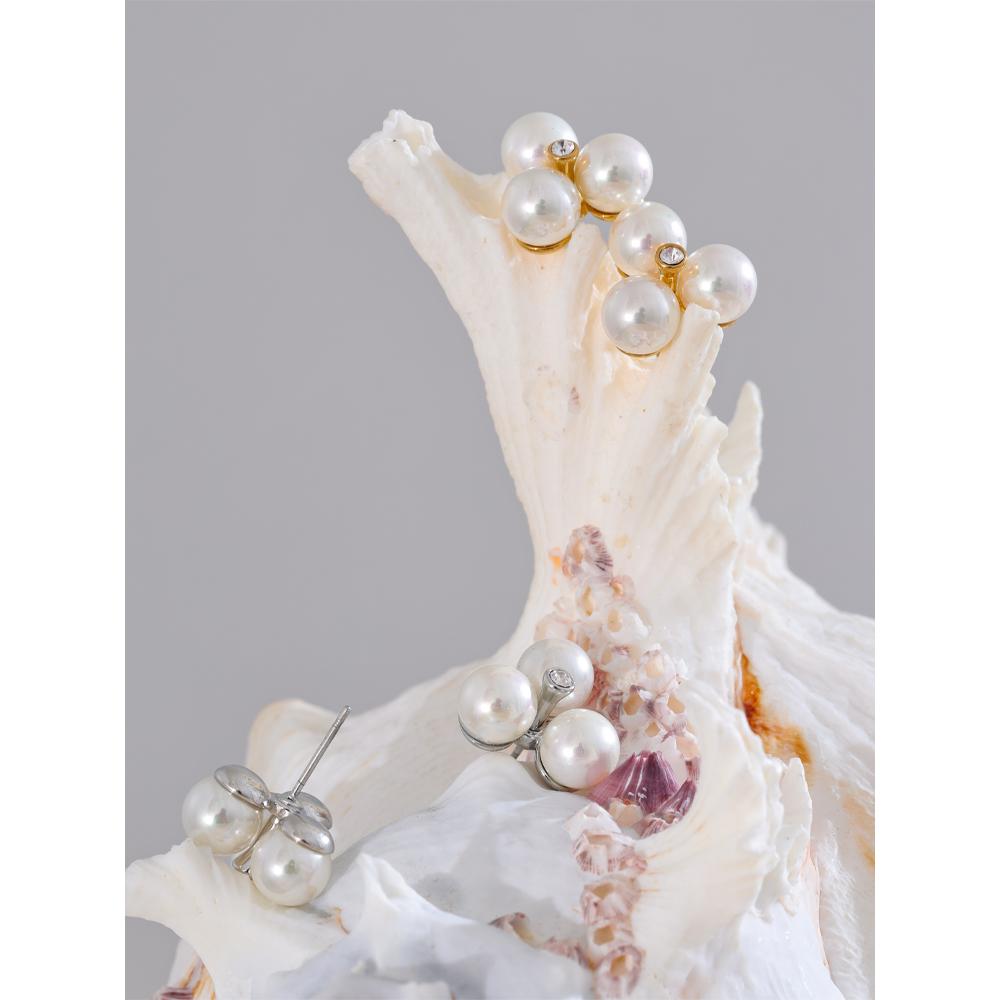 Yhpup Korean Style Simulated Pearls Flower Stud Earrings for Women Exquisite Stainless Steel Elegant Daily Waterproof Jewelry