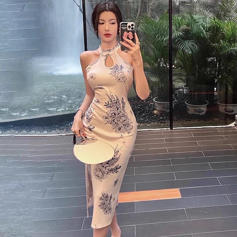 Улучшенное ципао Молодежный темперамент Ретро принт Повседневное Носимое Миди-длины Сексуальное Платье с облегающим бедра силуэтом Лето