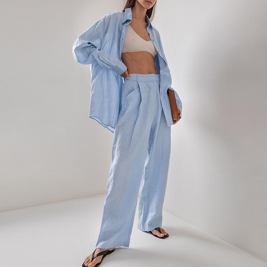 European and American fashion design sense pure cotton casual suit 1116 new simple slim shirt trousers two-piece set