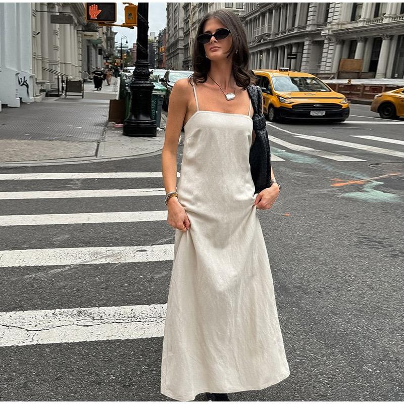 Элегантное хлопковое платье-комбинация с подкладкой, женское однотонное платье без рукавов, длинное женское платье 2025 года, весна-лето, модное женское пляжное платье