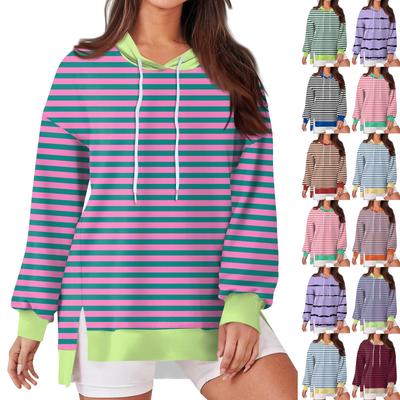 Женская модная повседневная толстовка с капюшоном с длинными рукавами и завязками, полосатая лоскутная принтованная свободная толстовка с разрезом