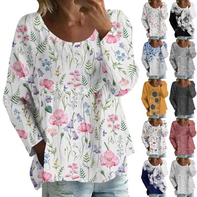 Женский повседневный модный свободный топ с круглым вырезом и цветочным принтом, с длинным рукавом