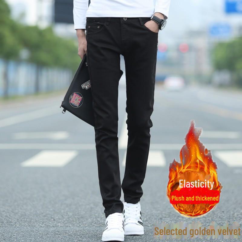 Мужские осенние узкие джинсы с бархатной подкладкой — облегающий крой, тренд в корейском стиле