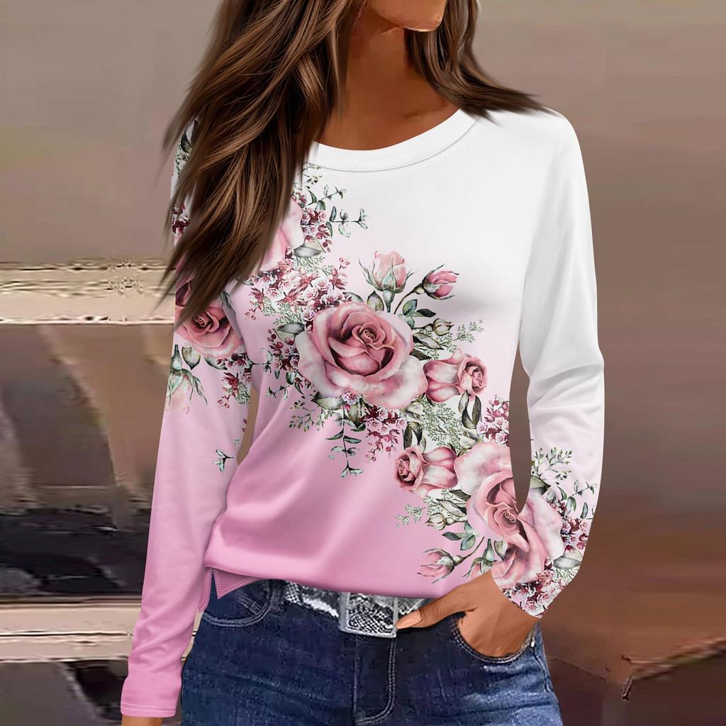 Женская модная повседневная свободная футболка с разрезом и круглым вырезом с длинным рукавом с принтом, женский топ