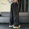 Men's Quick-Dry Baggy Trousers Drawstring Waist Loose Fit Pants Lightweight Casual Trousers with Side Lines Decoration for Street Vacation