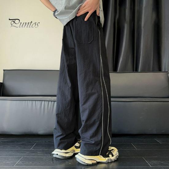 Men's Quick-Dry Baggy Trousers Drawstring Waist Loose Fit Pants Lightweight Casual Trousers with Side Lines Decoration for Street Vacation
