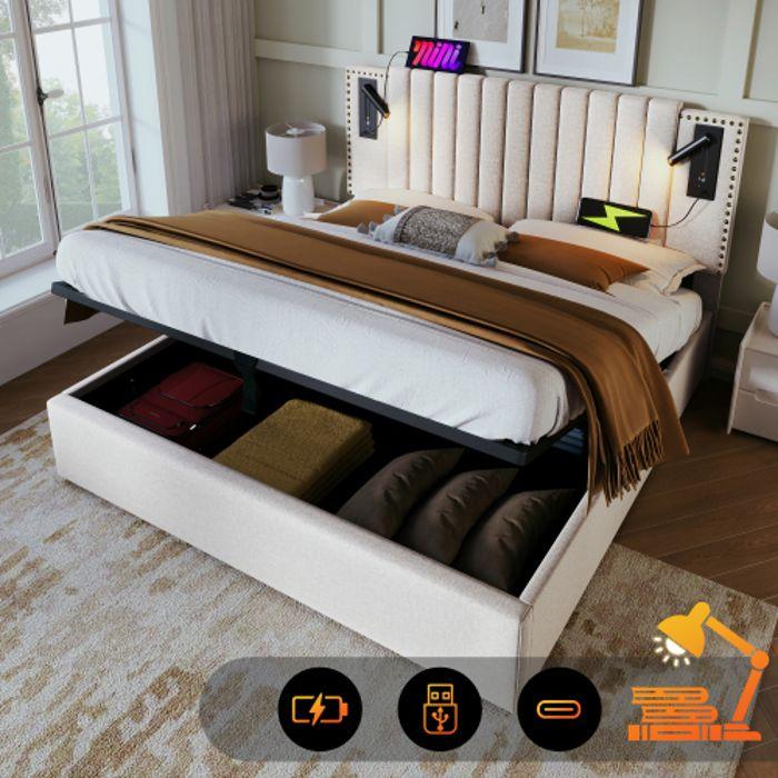 Lit double 160x200 - MUVOE - Beige - Rangement intégré - Ports USB - Tête de lit réglable