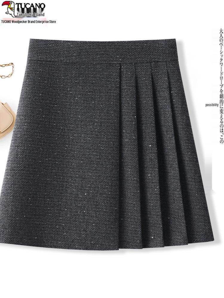 Autumn 2025 Women's High Waist Woolen Midi A-line Bodycon Pleated Skirt