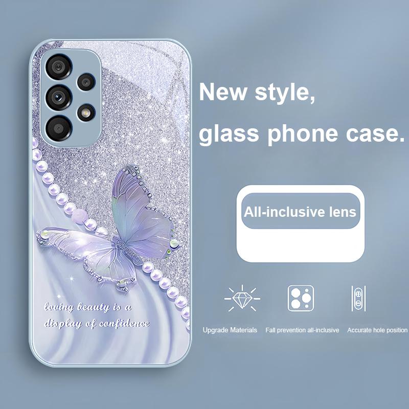 Градиентный чехол с жемчужной бабочкой для Samsung Galaxy S23 24 Plus S20 21 FE S25 Ultra A70 72 73 51 52 53 Закаленное стекло