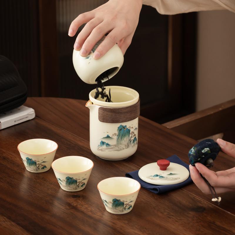 Guochao Kuaike Cup Ceramic Travel Set Outdoor Ru Kiln Brewing Teapot Opening Tea Ware Commemorative Opening Business