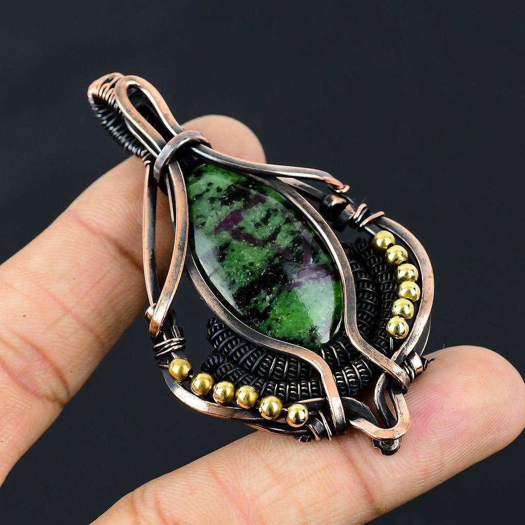 Ruby In Zoisite Handmade Copper Wire Wrap Pendant 2.95" C8n07
