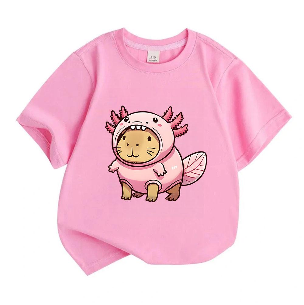 Kids Boys Girls 100% Cotton Crew Neck Short Sleeve T-Shirt, Cute Capybara In Axolotl Costume Printed Casual Soft Breathable Summer Tee For Children Da