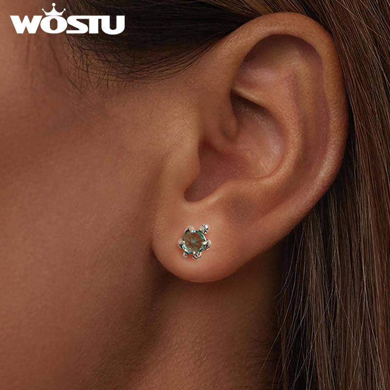 WOSTU 925 Sterling Silver Lovely Mini Green Turtle Stud Earrings For Women Girl Daugther Party Jewelry Holiday Gift Pendientes