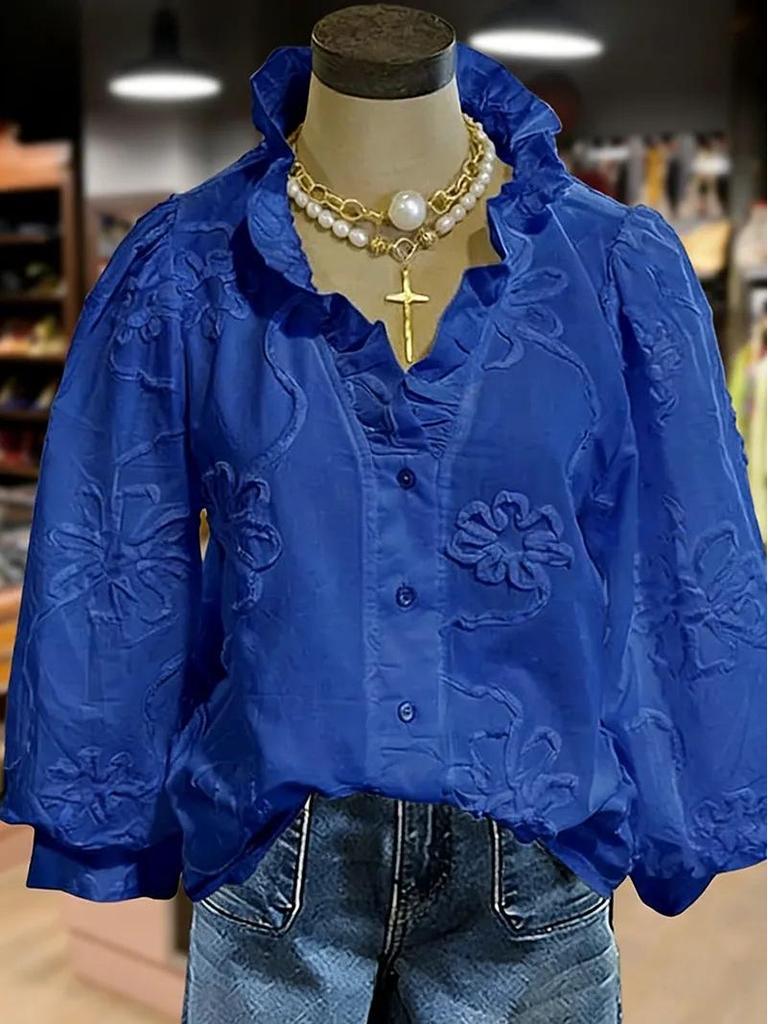 Европейско-американский повседневный женский топ для отдыха с V-образным вырезом, оборками, пышными рукавами и вышивкой