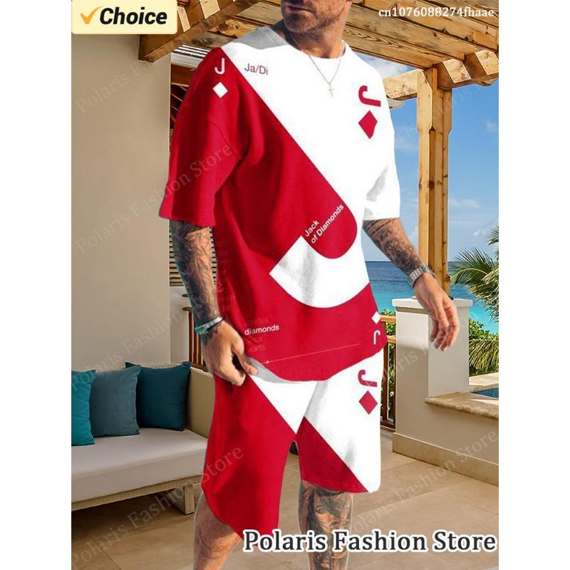 Летний черно-белый комплект футболок с принтом покера для мужчин, пляжный спортивный костюм с коротким рукавом, повседневная одежда из 2 предметов, мужская спортивная одежда