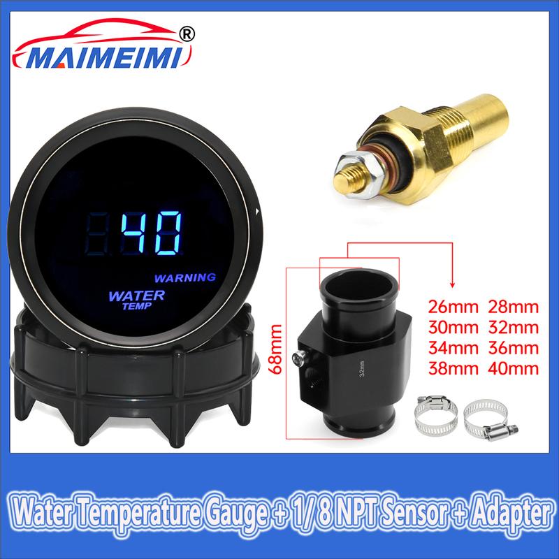 52mm Water Temperature Gauge Blue LED Light with 16mm-40mm Joint Pipe Adapter Black/Blue with Water Temp 1/8NPT Sensor
