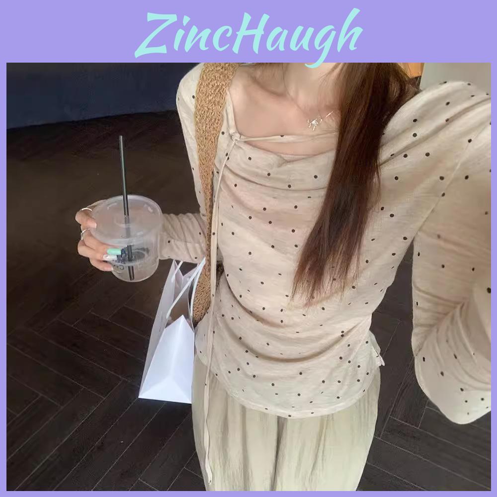 Polyester Dot Pattern Off Shoulder Tiefront T Shirt For Women Fall