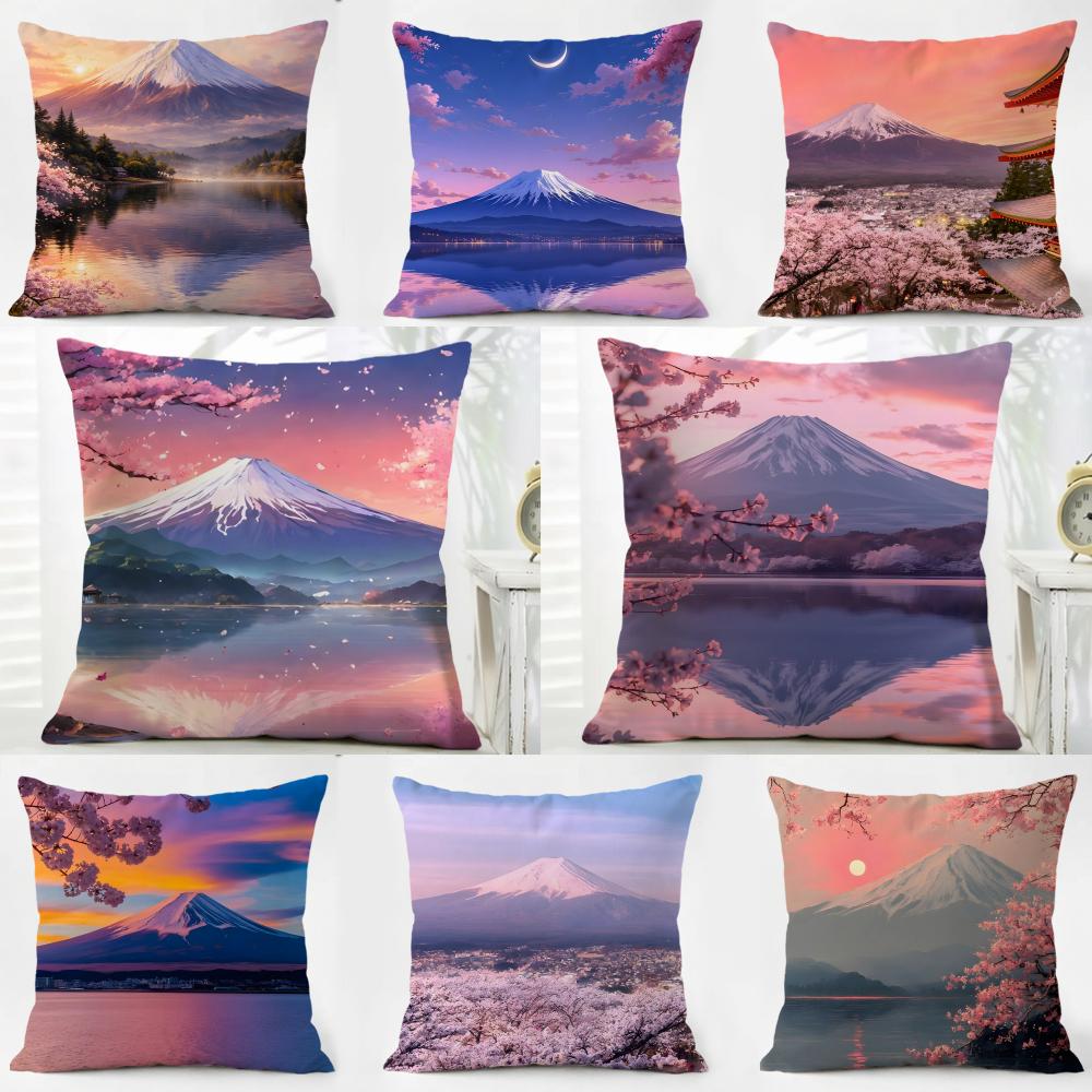 Japanese Cherry Blossom Fuji Mountain Sunset Cushion Cover Washable Linen Pillowcase Soft for Daily Sofa Bed Home Room Decor