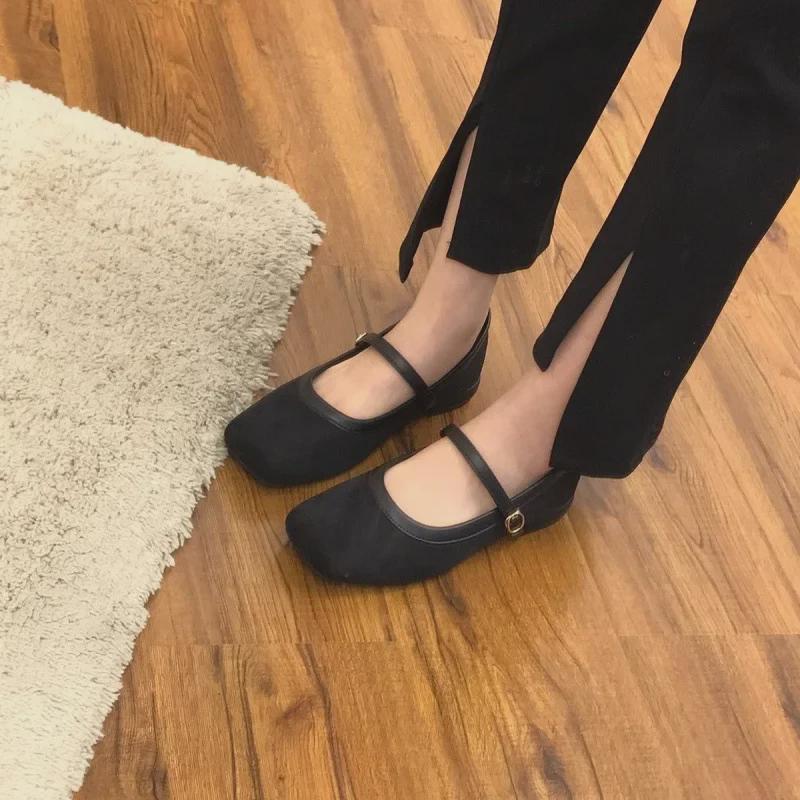 Z Fairy Retro Square-Toe Suede Mary Jane Heels - Women's 2024 Spring Soft Leather