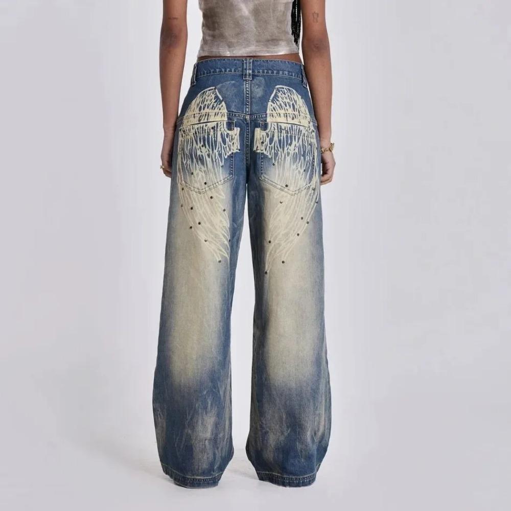 Мешковатые джинсы с принтом Женская одежда High Street Rivet Washed Vintage Брюки Женские джинсы Повседневные джинсы с высокой талией