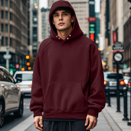 Men Hoodie Solid Color Sweatshirt with Hood Large Front Pocket Thickened Warm Pullover for Autumn Winter Street Sports Wear