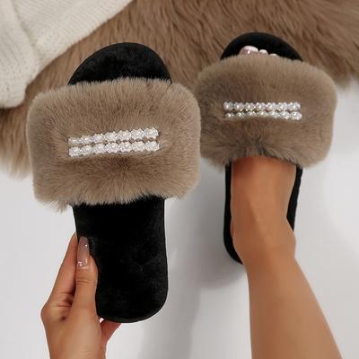 Осенне-зимние шлепанцы с открытым носком из пушистого меха для женщин, украшенные жемчугом, нескользящие плюшевые домашние тапочки, женские удобные тапочки на мягкой подошве с мехом