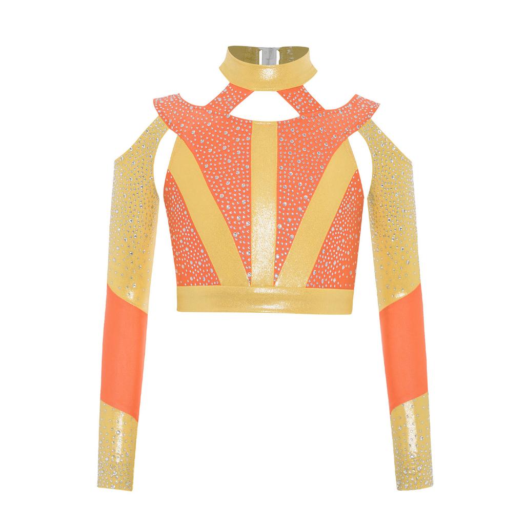 Girls Gymnastics Dance Top Long Sleeve Shiny Rhinestone Color Block Cross Back Cutout Crop Top