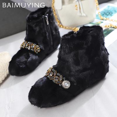 Женские зимние ботильоны с кристаллами и мехом, короткие плюшевые модные туфли на плоской подошве из хлопка, зимняя обувь 2025 года, дизайнерские теплые ботинки для ходьбы, женские ботинки