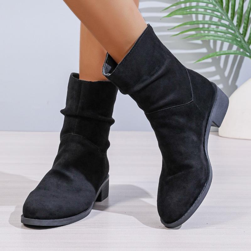 2024 Winter Women's Boots New Round Toe Solid Color Square Heel Suede Short Tube Zipper Low Heel Women's Fashion Boots
