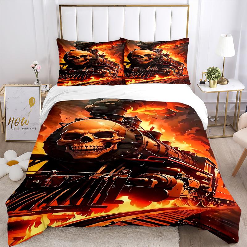 3pcs Skull Train Locomotive Comforter Set with One Quilt Cover and Two Pillowcases (No Core) - Anime Cartoon Design for Bedroom Decor.F064