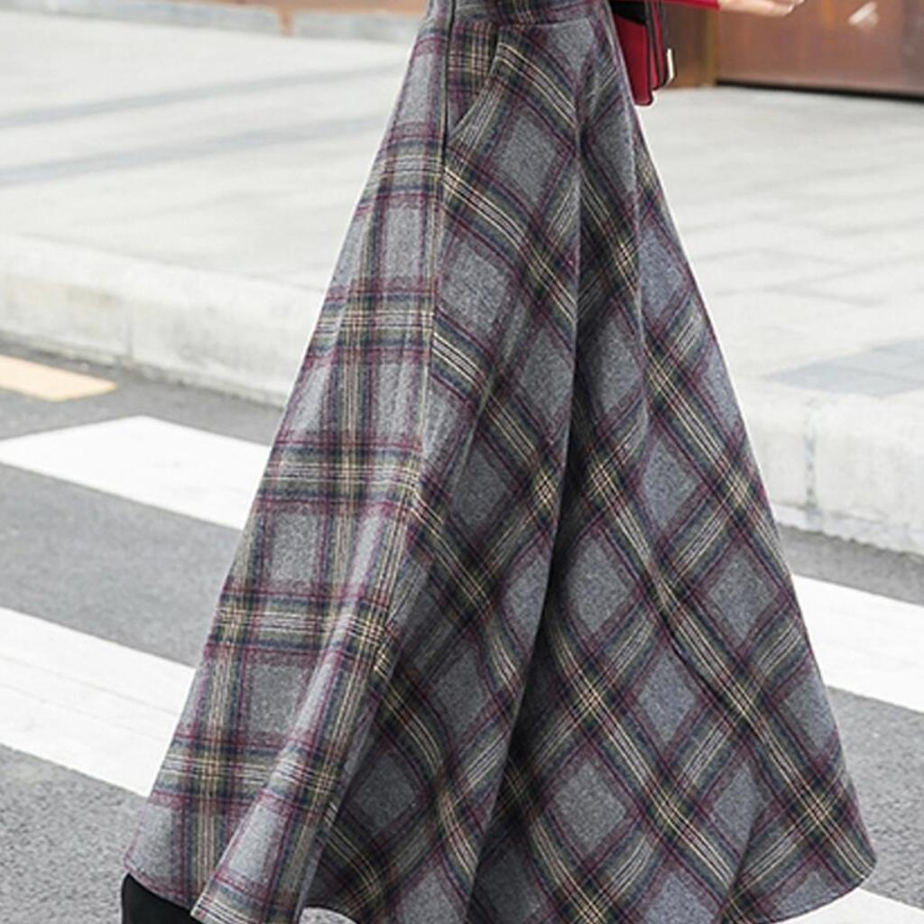 Tooxika: женская юбка средней длины, шерстяная длинная юбка, высокая талия, универсальный клетчатый узор, большой подол, длинная юбка-трапеция