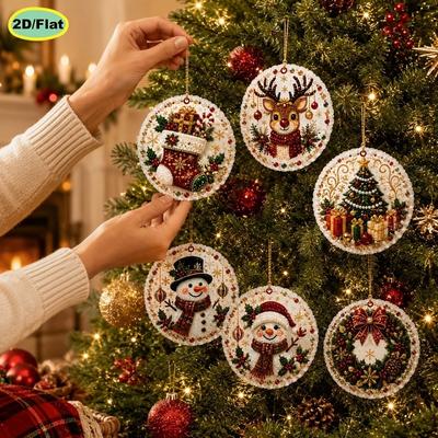 6Pcs Wooden Base Wooden Christmas Ornaments Set Vintage Print Xmas Tree DIY Craft Kit Holiday Party