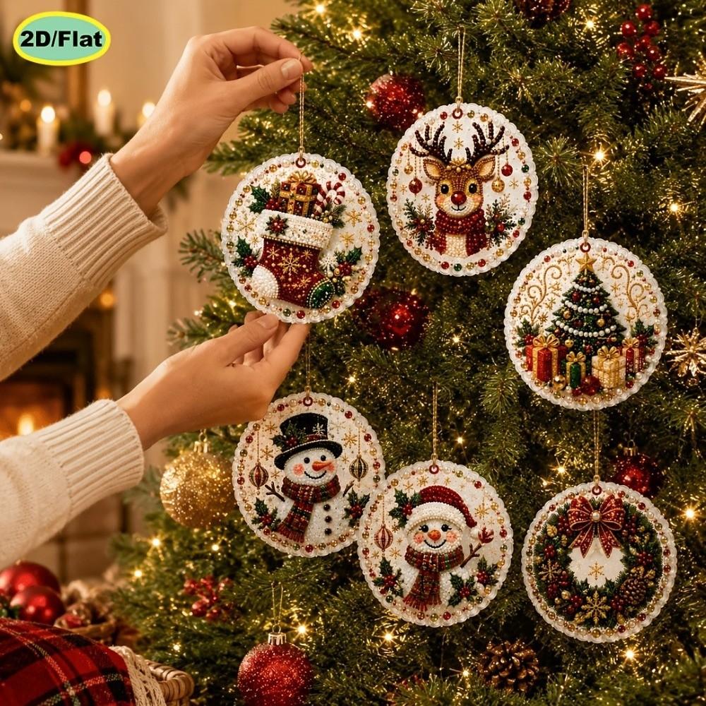 6Pcs Wooden Base Wooden Christmas Ornaments Set Vintage Print Xmas Tree DIY Craft Kit Holiday Party