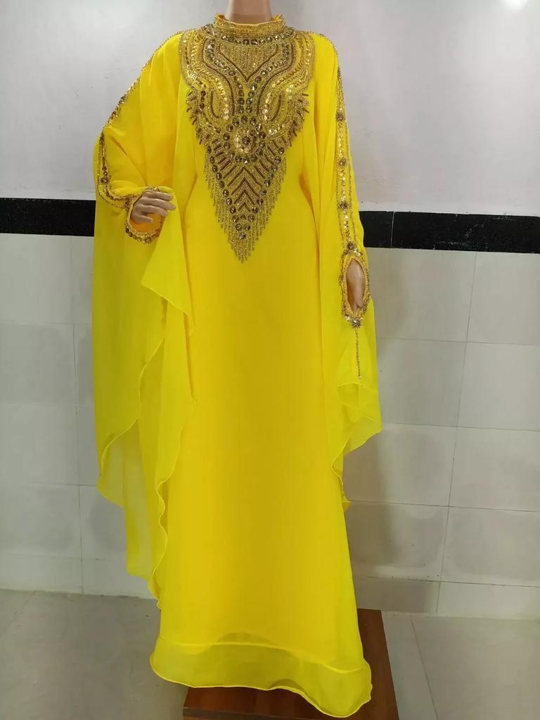 Stylish YELLOW Long Moroccan Dubai Farasha Kaftan Gown Abaya Hand Work Dress