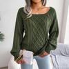 Women Warm Knitted Sweater Autumn Winter Casual Square Collar Studded Button Twist Knit Pullover Jumpers