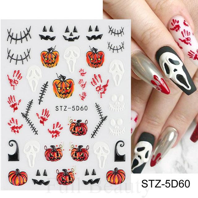 New nail art stickers embossed 5D three-dimensional Halloween cartoon bow ghost-shaped spider web nail stickers