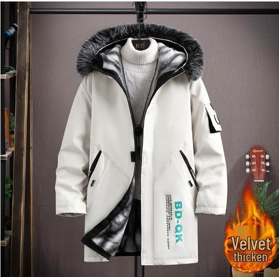 Men's Winter Fleece-Lined Hooded Mid-Length Printed Cotton Coat - Trendy & Warm Casual Jacket