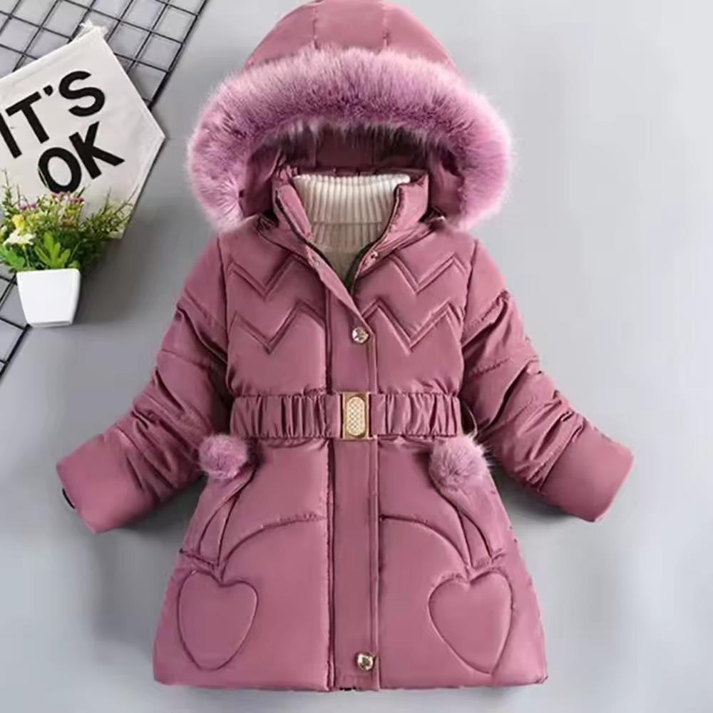 Winter Clothes Girls Medium To Long Length Coat Kids Snow Puffer Jacket Hooded Warm with Waist Belt and Pockets