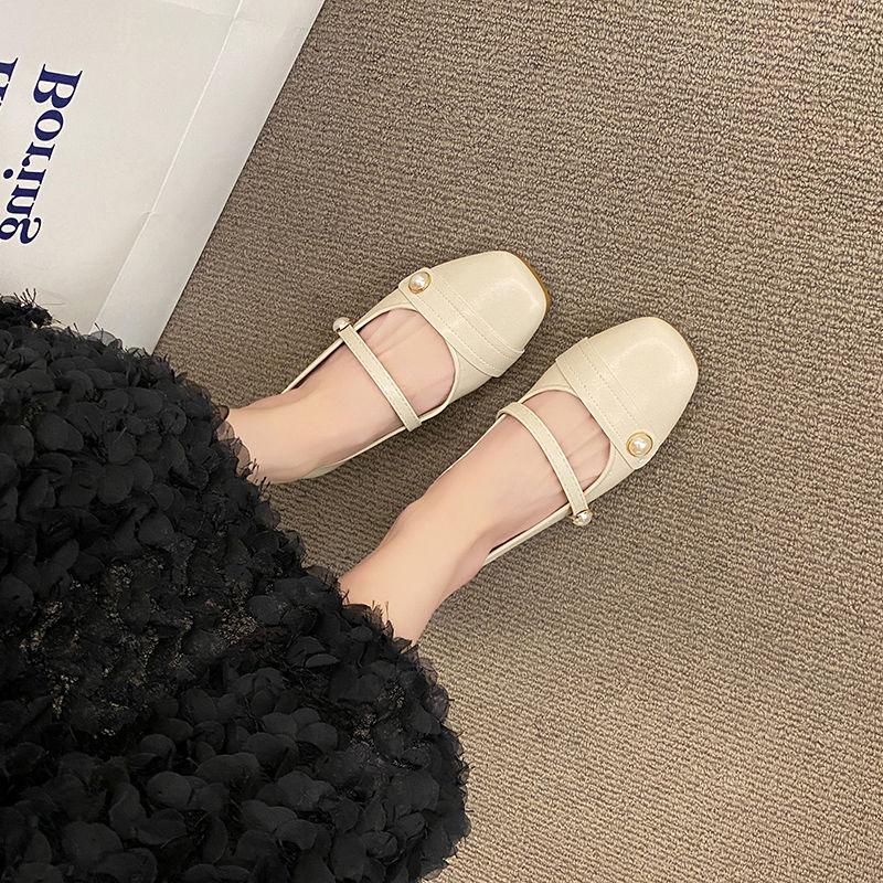Shoes for Woman 2024 Mary Jane Women's Summer Footwear Japanese Style Lolita Gothic Pearl Moccasins Low Heel Elegant Square Toe