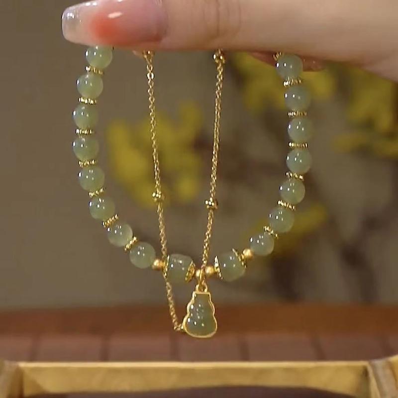 Chinese Style Imitation Jade Gourd Pendant Bracelet For Women Girls Double Layer Chain Lucky Beaded Bracelet Jewelry Party Gift