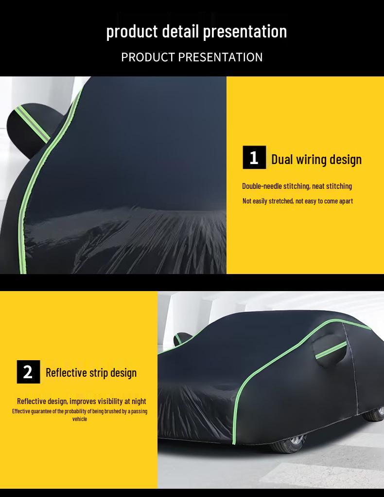 Black Oxford Cloth Car Cover: Full Coverage, Dustproof, Rainproof, Reflective Strips, Heat Insulation, Sunshade.