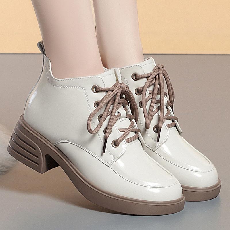 Осень Зима Женская Обувь Лакированная Кожа Плюшевые Теплые Женские Ботинки Платформа Толстая Подошва Ботильоны Женская Обувь Ботинки на Высоком Каблуке