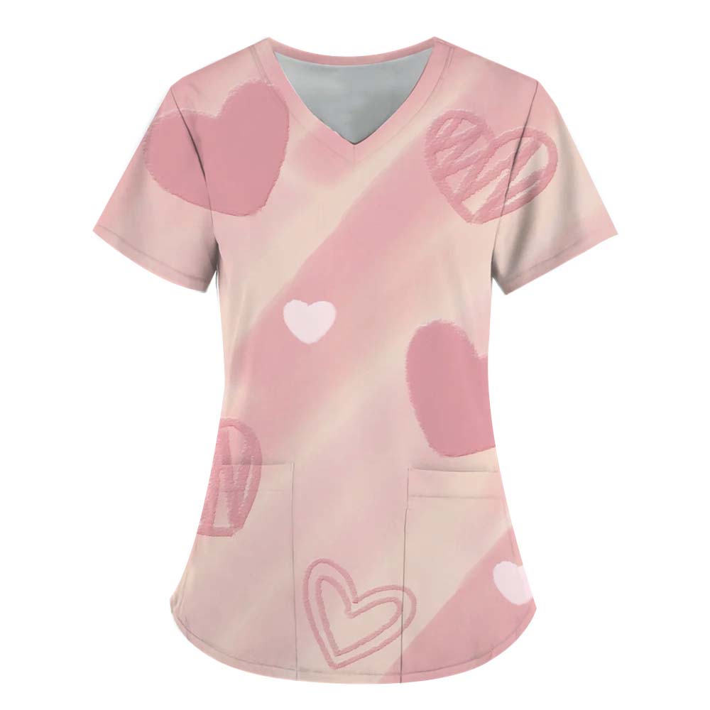 Women Working Uniform Smile Heart Print Cartoon Cat Dog Short Sleeve V-neck Tops Femme Blouse Nurse Work Wear Medical Uniforms